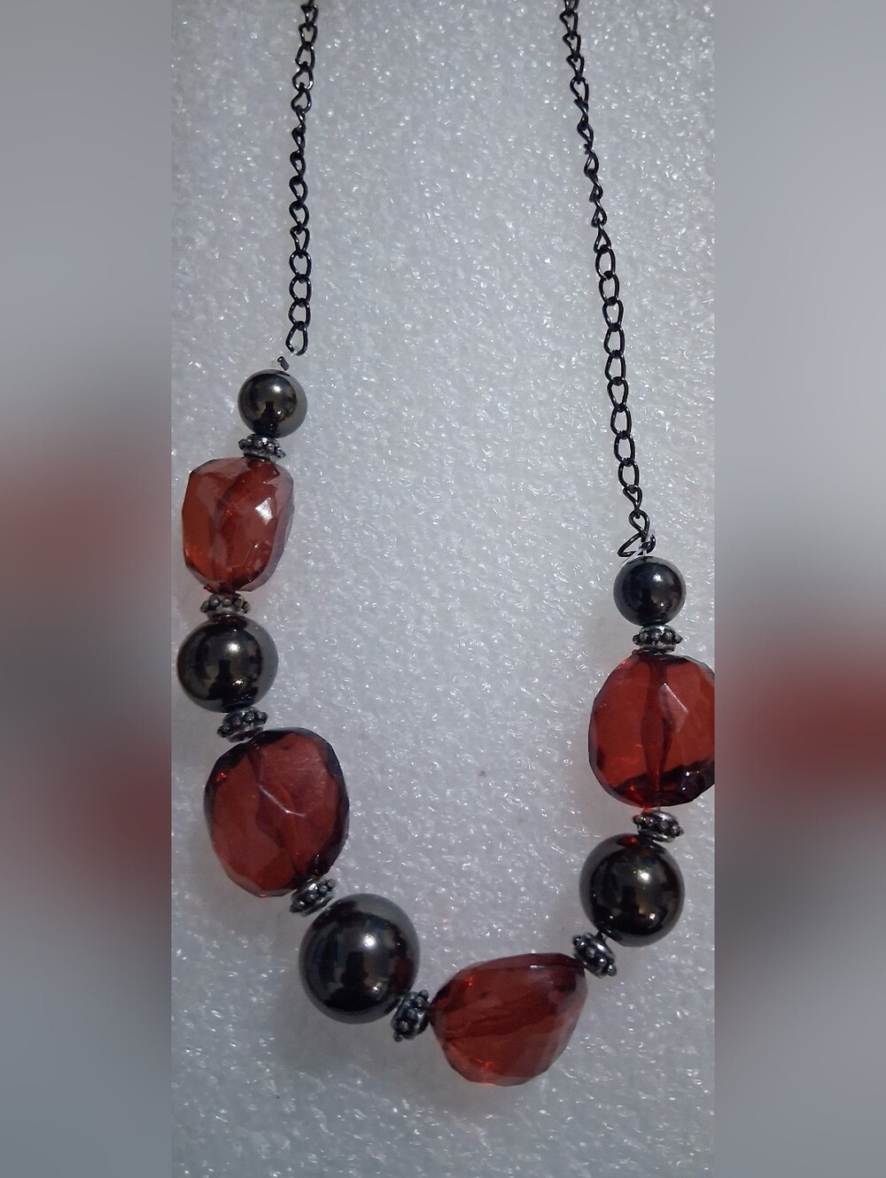 Red Faceted Bead and Gunmetal Chain Necklace